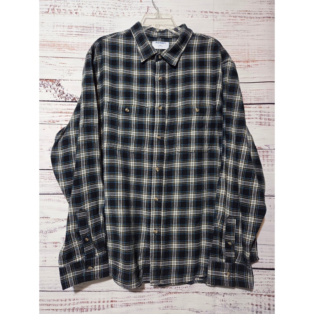 Old Navy Mens XXL Double Brushed Flannel Shirt Navy Blue Plaid Button Down